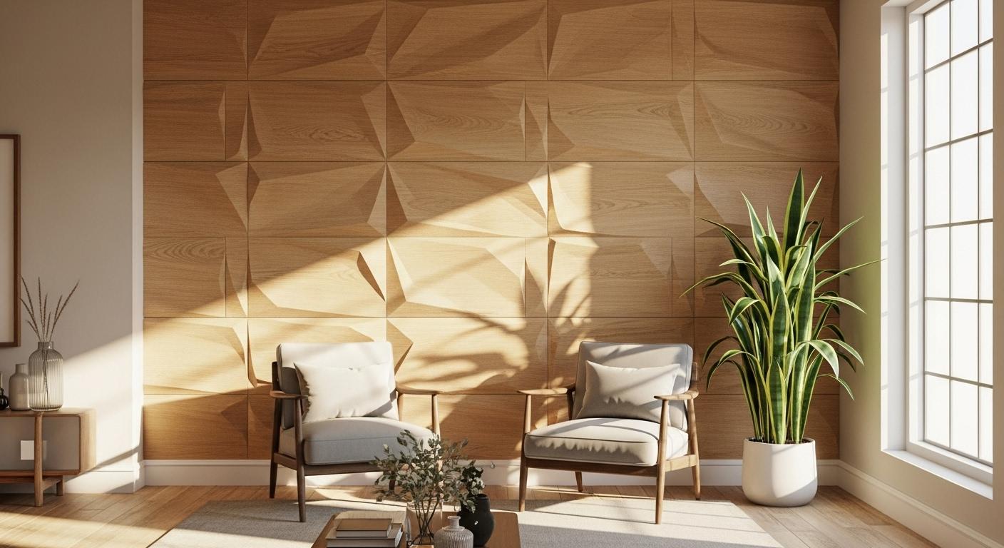 Un salon contemporain baigné de lumière naturelle, avec un mur recouvert de panneaux décoratifs effet bois clair, des fauteuils confortables, une plante verte dans un coin et quelques rayons du soleil qui mettent en valeur les reliefs du revêtement mural.